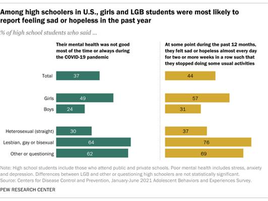 A bar chart showing that among high schoolers in the U.S., girls and LGB students were the most likely to report feeling sad or hopeless in the past year