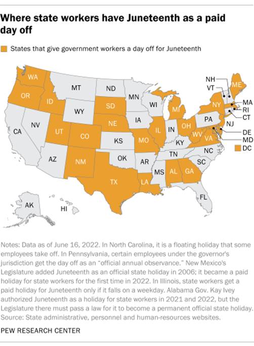 A map showing where state workers have Juneteenth as a paid day off