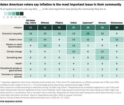 A heat map showing the issues Asian American registered voters say are the most important in their community, by Asian origin group. 41% of Asian registered voters say inflation is the most important issue, followed by 16% who say economic inequality and 11% who say violent crime. Less than 10% cite other issues. These views are held across most Asian origin groups. 