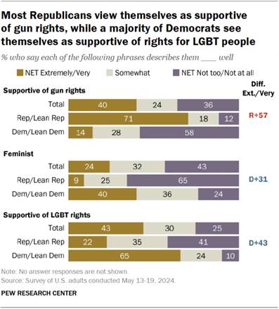 A horizontal stacked bar chart showing that most Republicans view themselves as supportive 
of gun rights, while a majority of Democrats see themselves as supportive of rights for LGBT people.